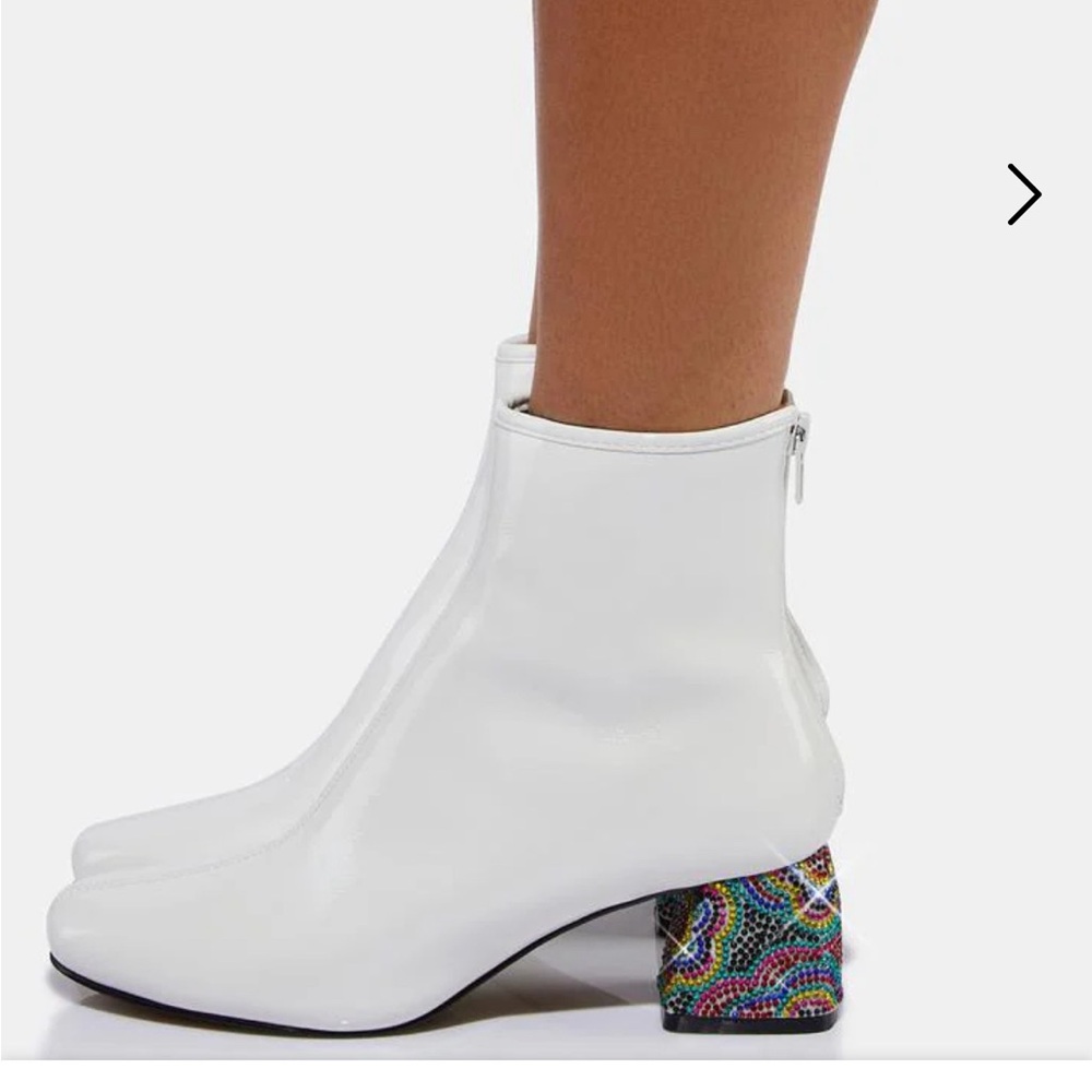 Betsy Johnson white Harper Bootie with rhinestone heel detail